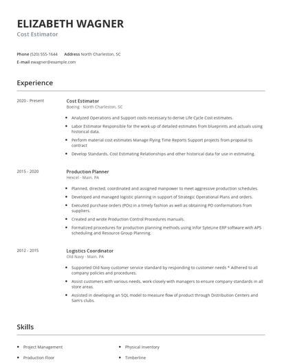 Cost Estimator Resume