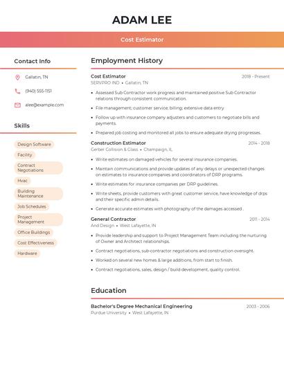 Cost Estimator Resume