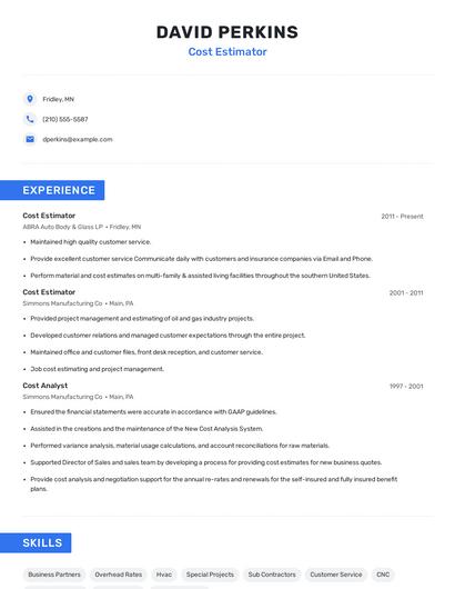 Cost Estimator Resume