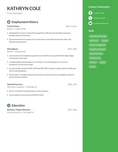 Cost Estimator Resume