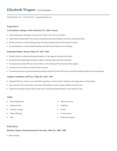 Cost Estimator Resume