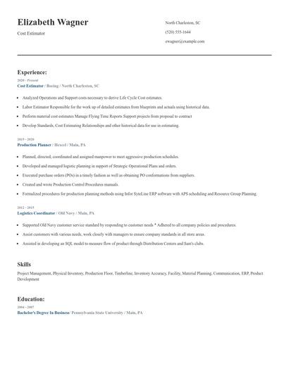 Cost Estimator Resume