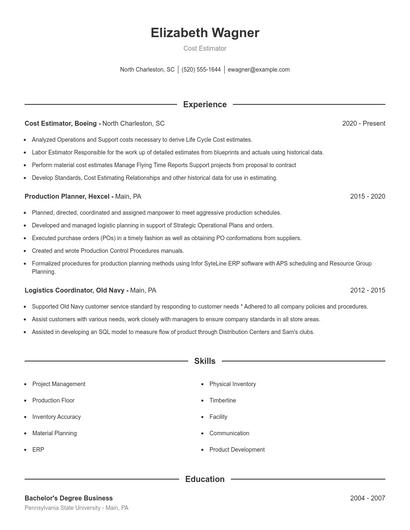 Cost Estimator Resume