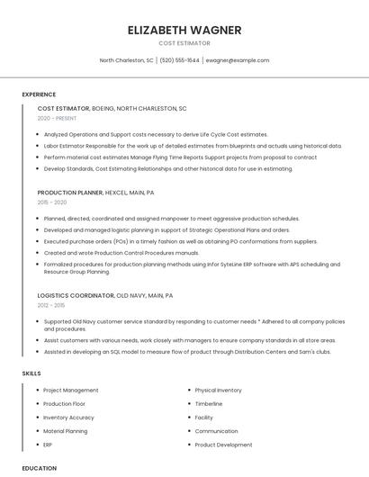 Cost Estimator Resume