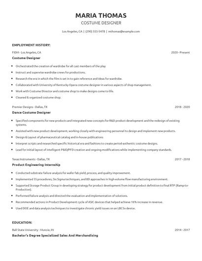 Costume Designer Resume