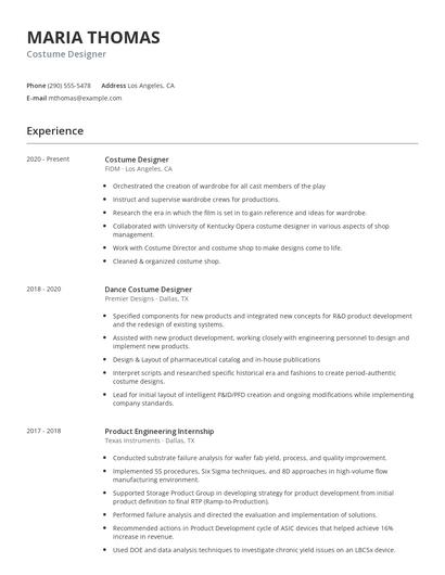 Costume Designer Resume