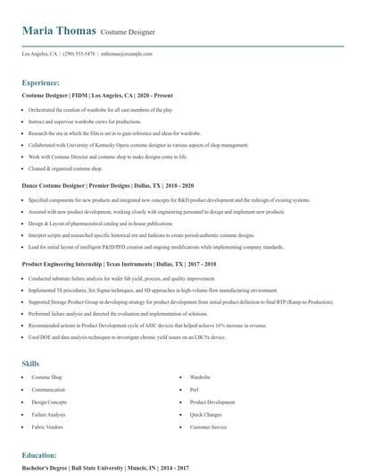 Costume Designer Resume