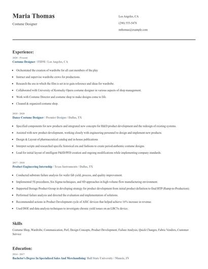 Costume Designer Resume