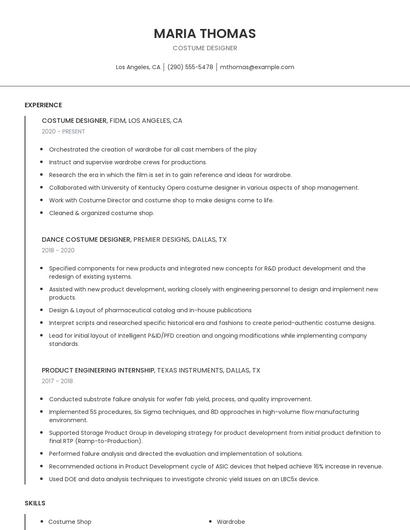 Costume Designer Resume