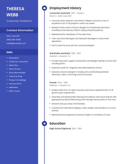 Costumer Assistant Resume