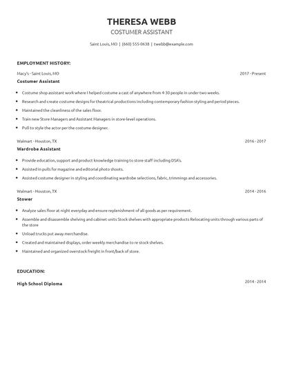 Costumer Assistant Resume