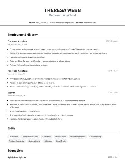 Costumer Assistant Resume