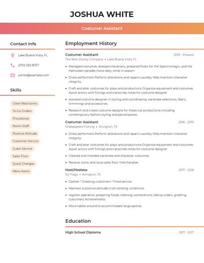Costumer Assistant Resume