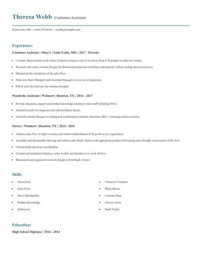 Costumer Assistant Resume