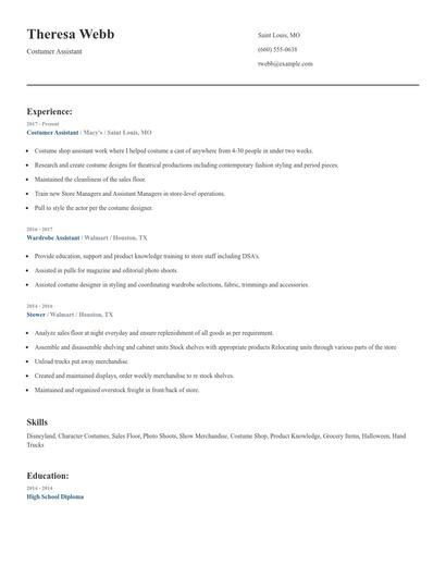 Costumer Assistant Resume
