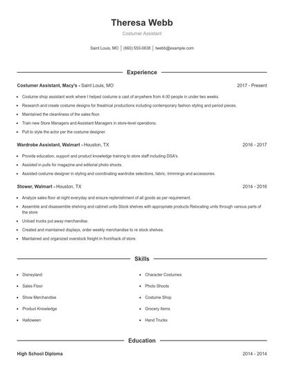Costumer Assistant Resume