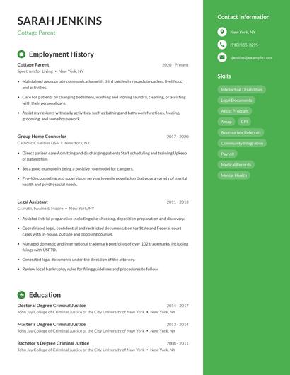 Cottage Parent Resume