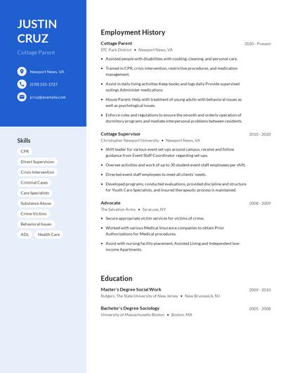 Cottage Parent Resume