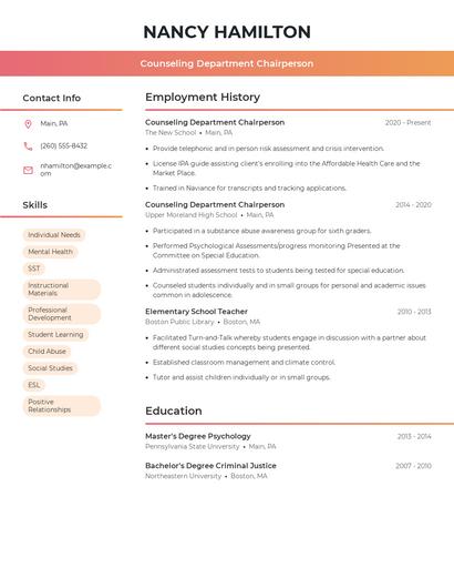 Counseling Department Chairperson Resume