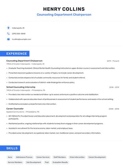 Counseling Department Chairperson Resume