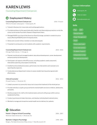 Counseling Department Chairperson Resume