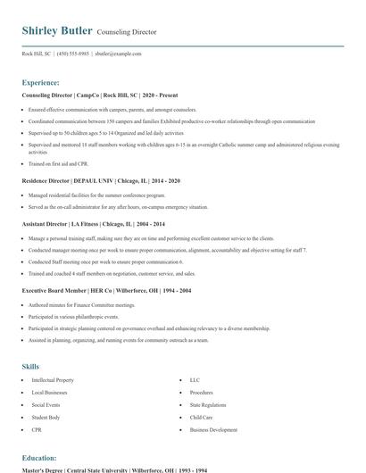 Counseling Director Resume