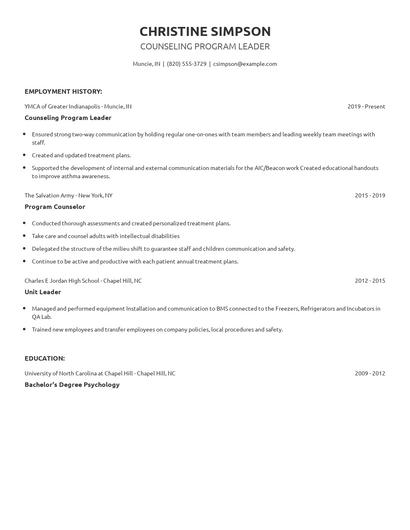 Counseling Program Leader Resume