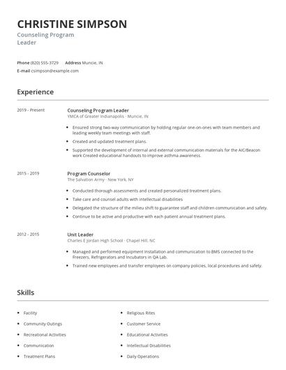 Counseling Program Leader Resume