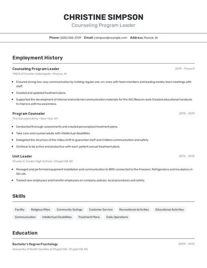 Counseling Program Leader Resume