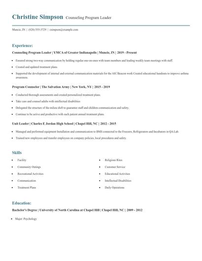 Counseling Program Leader Resume