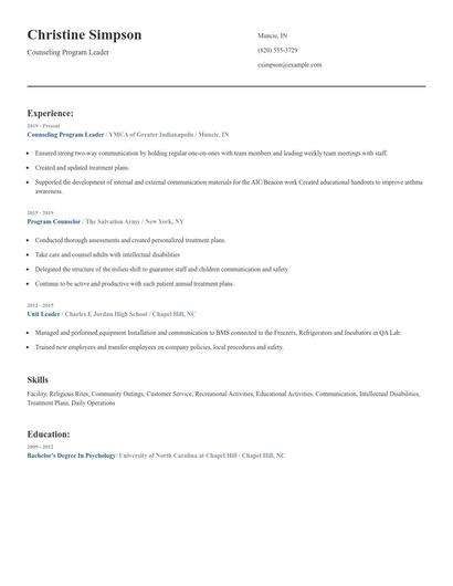 Counseling Program Leader Resume