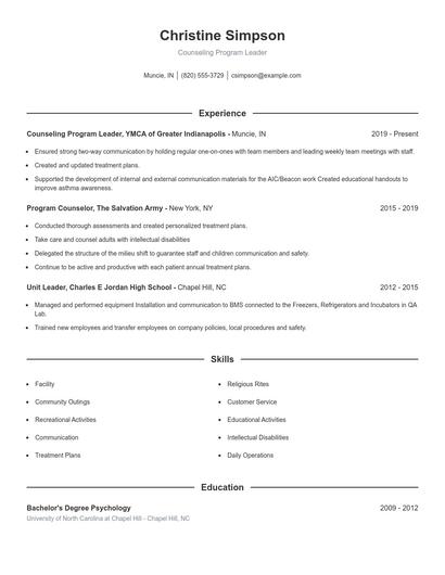 Counseling Program Leader Resume
