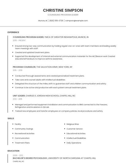 Counseling Program Leader Resume