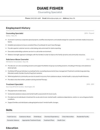 Counseling Specialist Resume