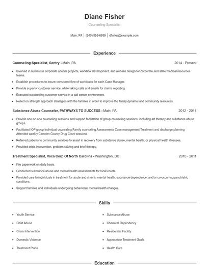 Counseling Specialist Resume