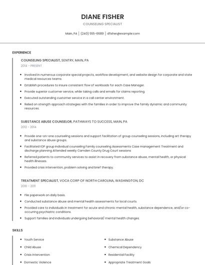 Counseling Specialist Resume