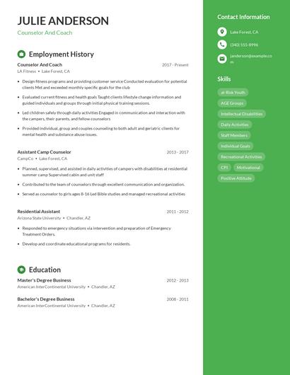 Counselor And Coach Resume