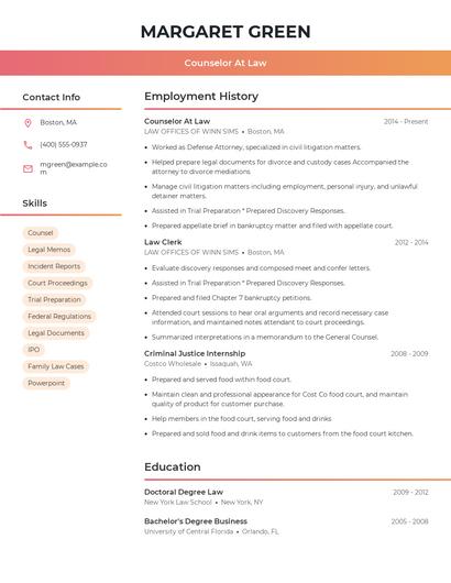 Counselor At Law Resume