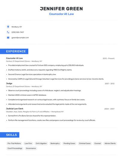 Counselor At Law Resume