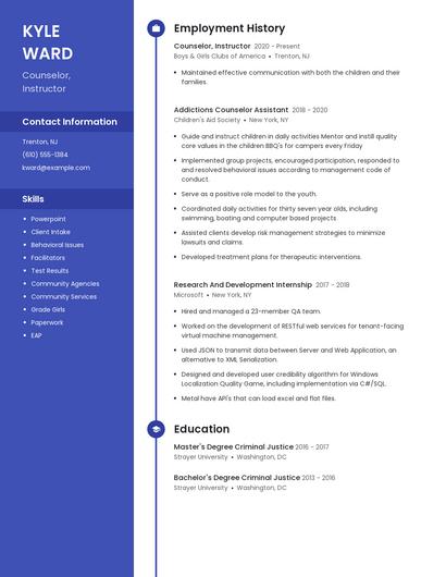 Counselor, Instructor Resume