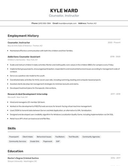 Counselor, Instructor Resume