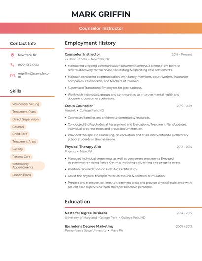 Counselor, Instructor Resume
