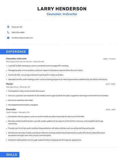 Counselor, Instructor Resume