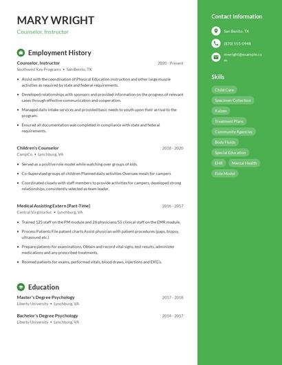 Counselor, Instructor Resume