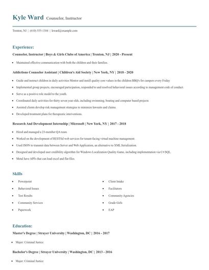 Counselor, Instructor Resume