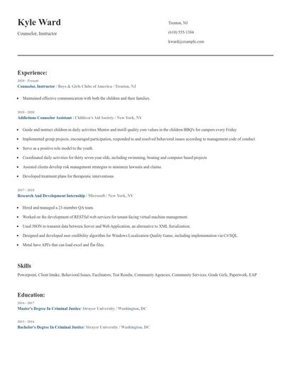 Counselor, Instructor Resume