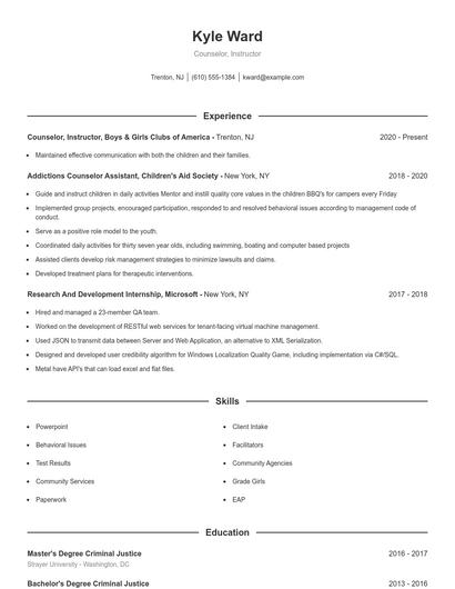 Counselor, Instructor Resume