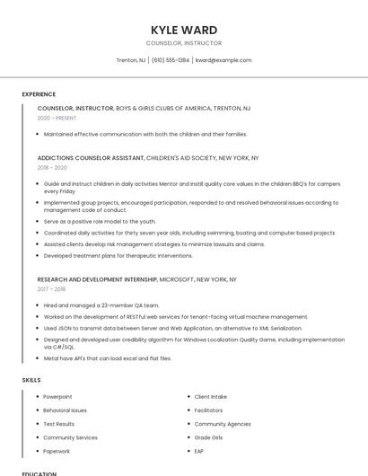 Counselor, Instructor Resume
