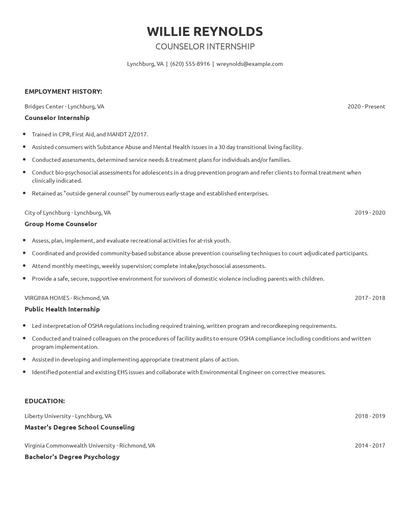 Counselor Internship Resume