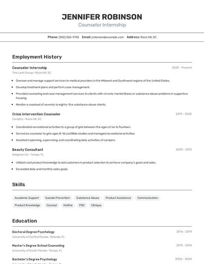 Counselor Internship Resume